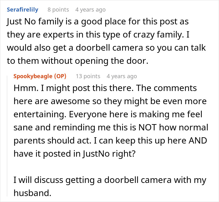 Reddit advice suggesting a doorbell camera for a woman who sets a clear boundary with difficult family. Reddit advice suggesting a doorbell camera for a woman who sets a clear boundary with difficult family.