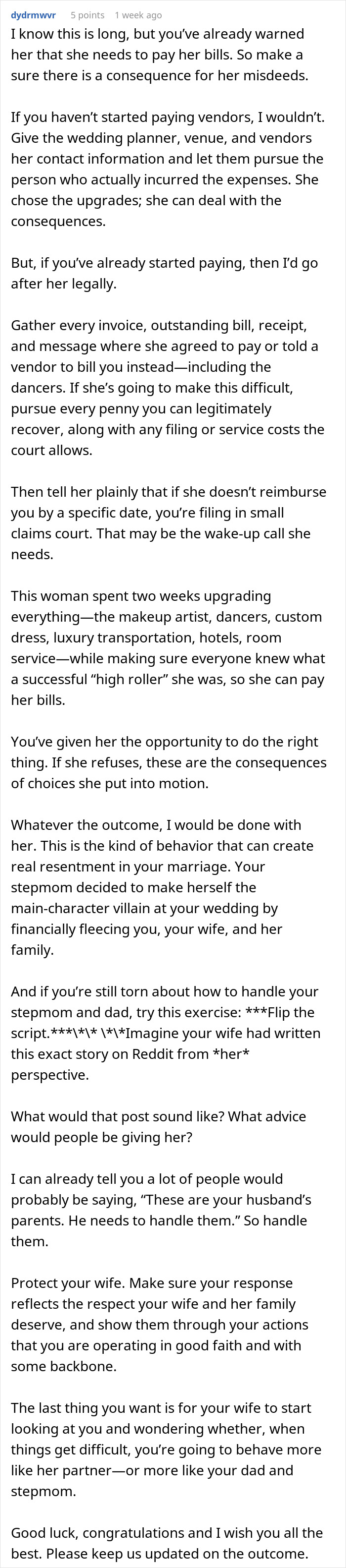 Detailed advice on handling unpaid wedding bills and stepmom issues