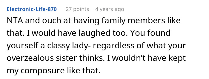 A comment praise a brother for standing up for his wife in an argument with his sister. A comment praise a brother for standing up for his wife in an argument with his sister.
