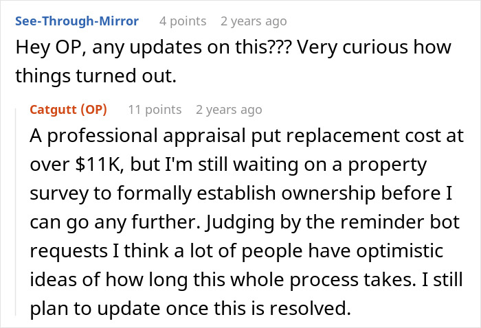 An update post explaining the $11K professional appraisal of the cut down oak tree. An update post explaining the $11K professional appraisal of the cut down oak tree.