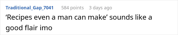 Online discussion snippet regarding cooking simple meals and a man's relationship dynamic with his wife. Online discussion snippet regarding cooking simple meals and a man's relationship dynamic with his wife.