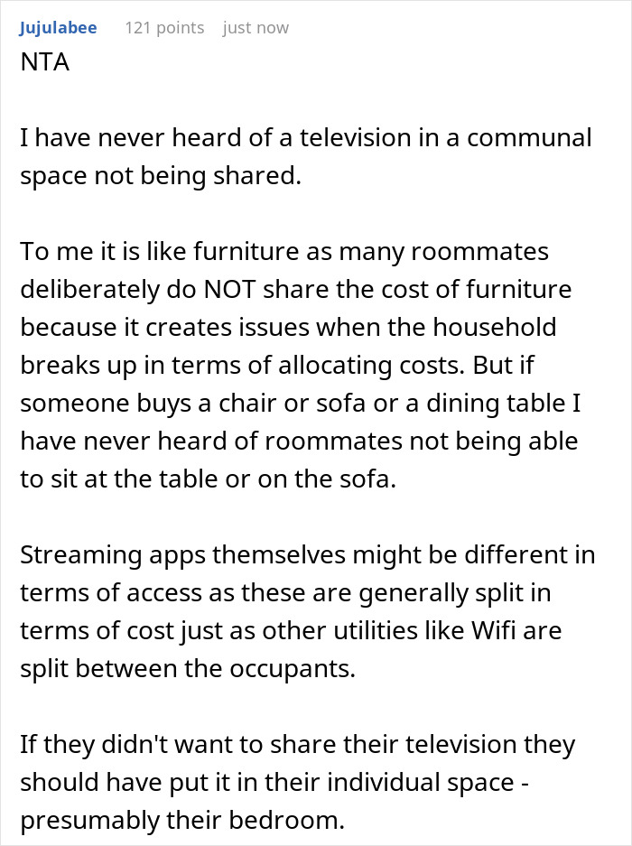 An online response discussing communal space furniture and roommates with TV conflict An online response discussing communal space furniture and roommates with TV conflict