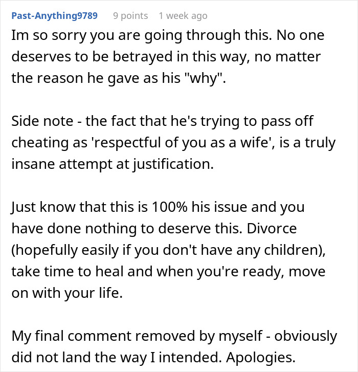 Comment advising divorce and healing for wife betrayed by husband with dating app profile