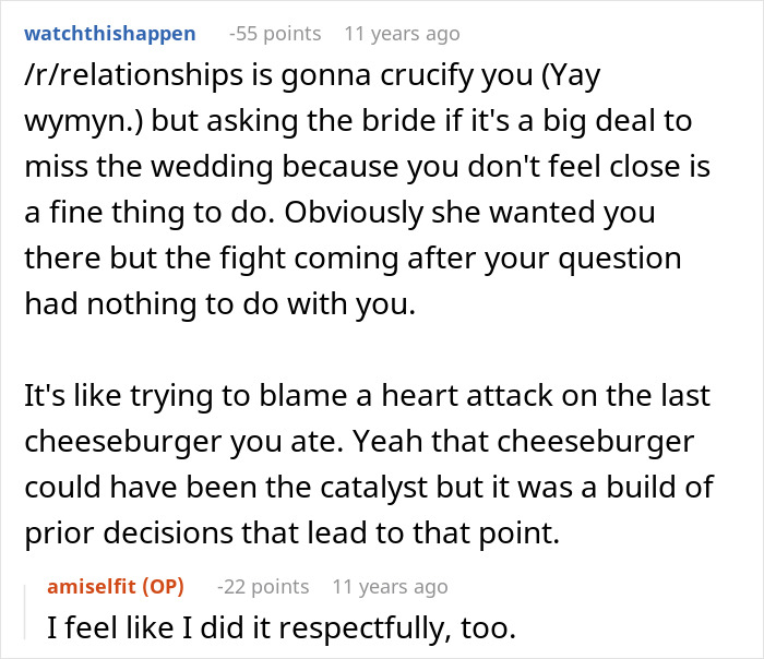 Comment discussing relationships subreddit reaction to missing SIL's wedding Comment discussing relationships subreddit reaction to missing SIL's wedding