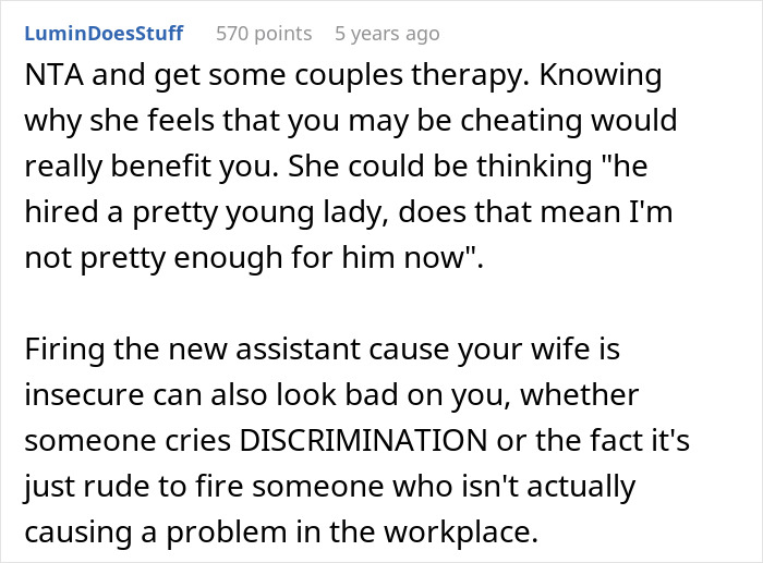 Online comment advising couples therapy instead of firing assistant to test integrity. Online comment advising couples therapy instead of firing assistant to test integrity.