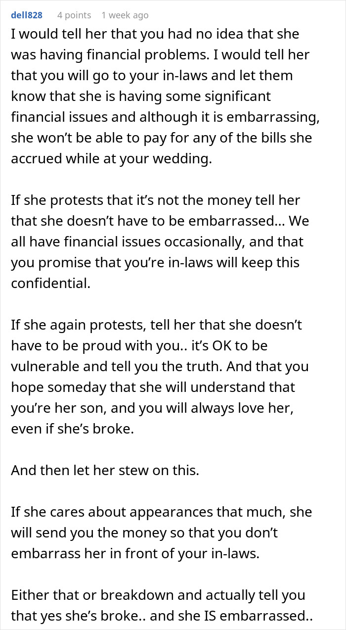 Comment advising to confront stepmom about financial problems and weddings bills