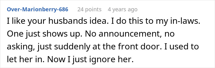 User comment sharing an experience of setting a boundary with intrusive in-laws User comment sharing an experience of setting a boundary with intrusive in-laws