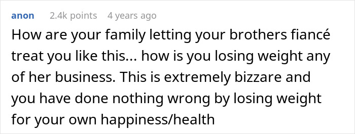Comment criticizes family for banning SIL losing weight for health reasons Comment criticizes family for banning SIL losing weight for health reasons