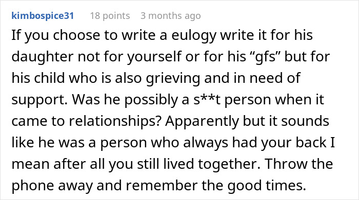 Online comment giving advice to a woman before ex funeral on supporting his grieving daughter. Online comment giving advice to a woman before ex funeral on supporting his grieving daughter.