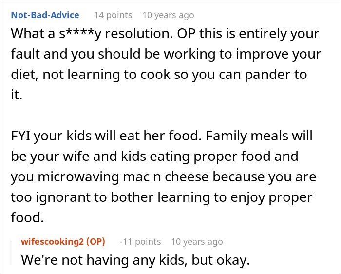 Screenshot of online comments discussing a man dislikes his wife cultural cuisine and diet choices. Screenshot of online comments discussing a man dislikes his wife cultural cuisine and diet choices.