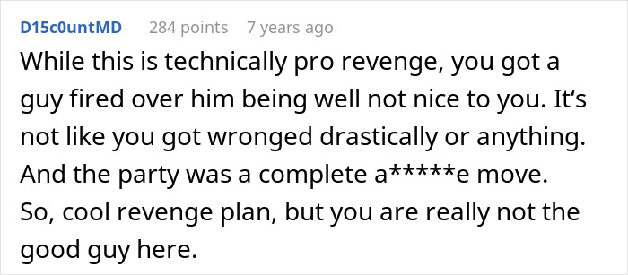 A comment on Reddit calling out an employee who wronged the boss with a harsh revenge plan.