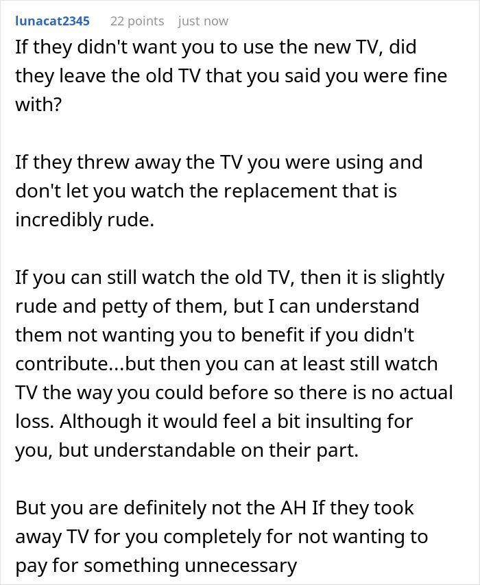 Reddit advice comment explaining roommies and petty behaviour with a new TV Reddit advice comment explaining roommies and petty behaviour with a new TV