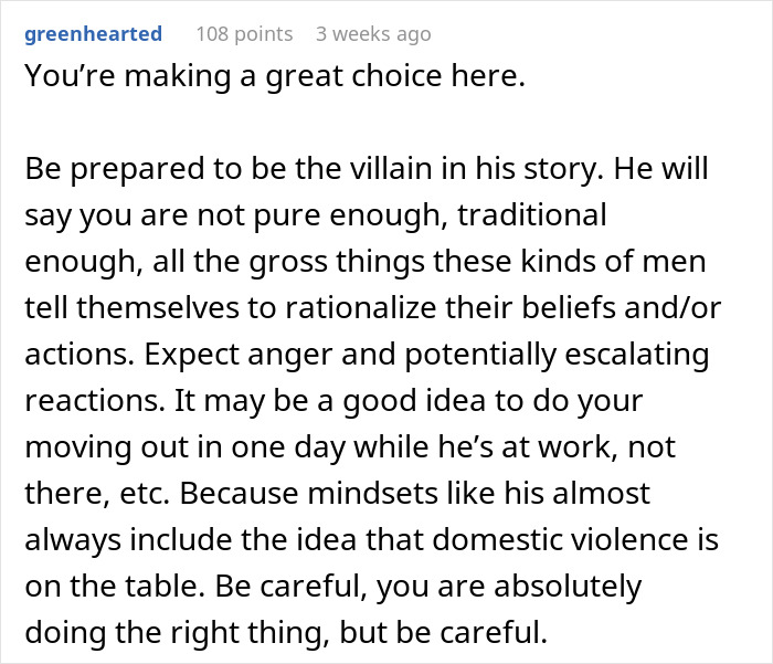 A comment advising a woman to be cautious and prepared when leaving her fiancé. A comment advising a woman to be cautious and prepared when leaving her fiancé.