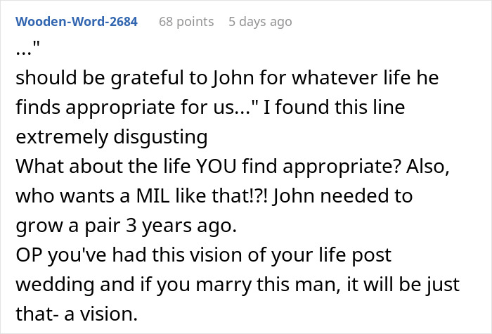 Online comment discussing relationship boundary issues and warning against getting married despite a fiancé’s lie. Online comment discussing relationship boundary issues and warning against getting married despite a fiancé’s lie.