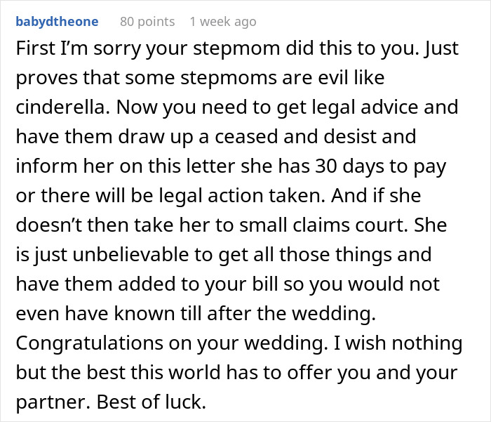 Comment suggesting legal action against stepmom over wedding expenses