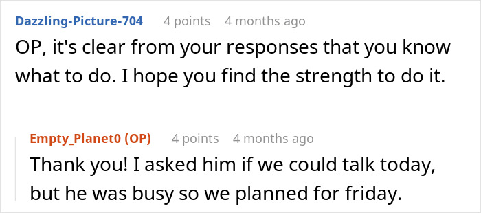 Screenshot of Reddit advice showing a plan to talk about the boyfriend decision to adopt a large dog.