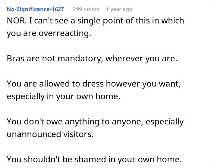 Online user statement supporting a woman shamed for not wearing a bra at home.