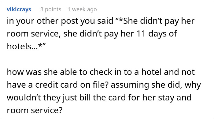 Comment questioning how stepmom avoided paying hotel bills during wedding
