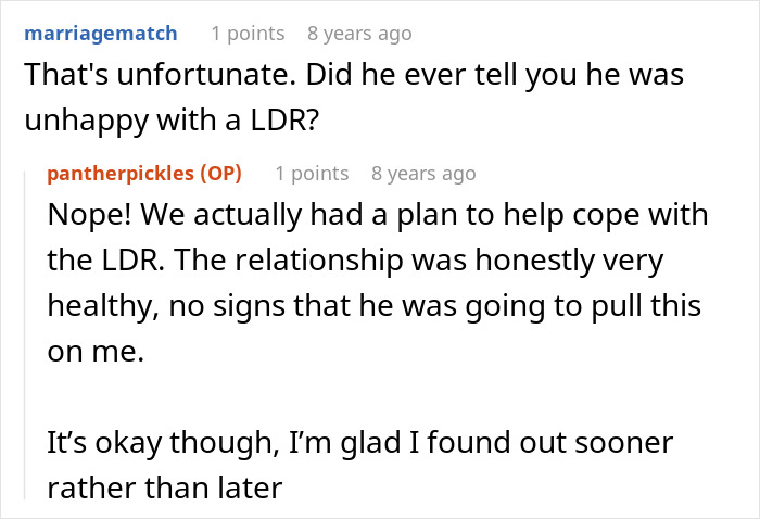 Comment thread about a long distance relationship where a woman dumps cheater BF. Comment thread about a long distance relationship where a woman dumps cheater BF.