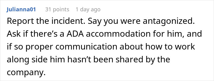 A comment recommending to report the incident about a coworker insulting hair to the company.