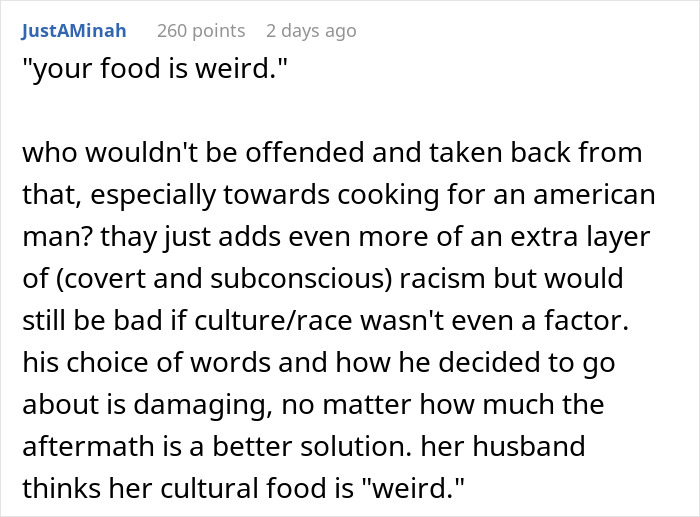 A comment criticizing harsh words about food, addressing a man dislike for wife cultural cuisine. A comment criticizing harsh words about food, addressing a man dislike for wife cultural cuisine.