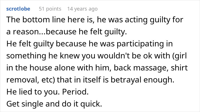 An online comment discussing a boyfriend feeling guilty after betrayal and lying. An online comment discussing a boyfriend feeling guilty after betrayal and lying.