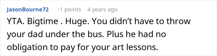 A Reddit comment criticizing a daughter, relevant to the story where a dad shamed daughter pay classes. A Reddit comment criticizing a daughter, relevant to the story where a dad shamed daughter pay classes.