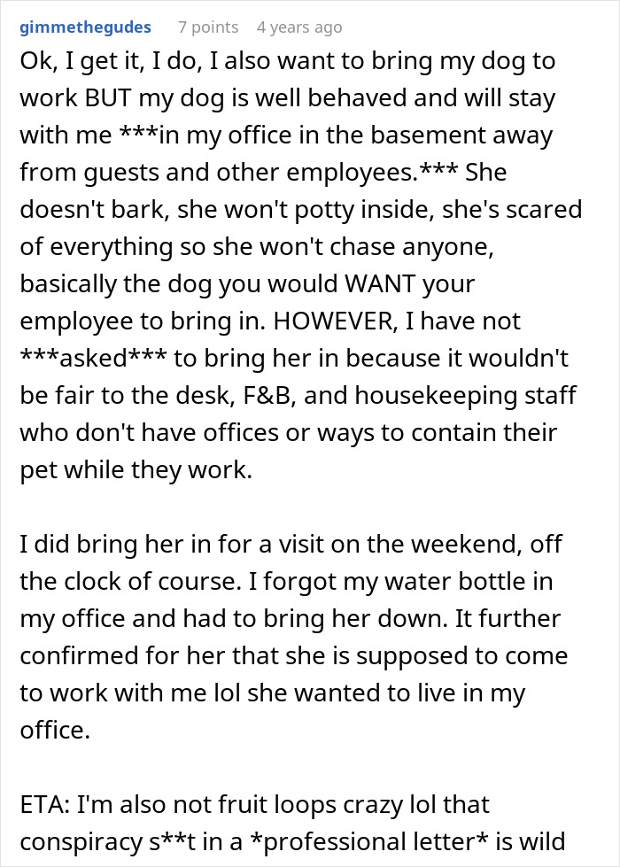 Hotel Tells Employee To Not Bring Untrained Dog To Work, She Calls Them "Satanic Reptilian Illuminati" Hotel Tells Employee To Not Bring Untrained Dog To Work, She Calls Them "Satanic Reptilian Illuminati"
