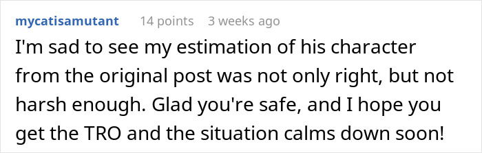 Reddit comment wishing safety and hoping for a TRO against a bestie who loves her. Reddit comment wishing safety and hoping for a TRO against a bestie who loves her.