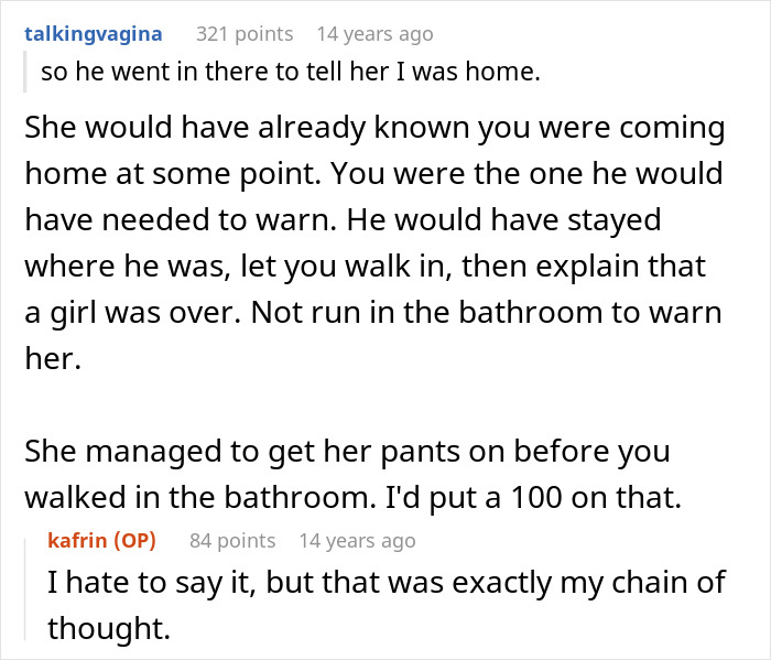 Reddit comments discussing the suspicious actions of a boyfriend trying to warn a girl in his bathroom. Reddit comments discussing the suspicious actions of a boyfriend trying to warn a girl in his bathroom.