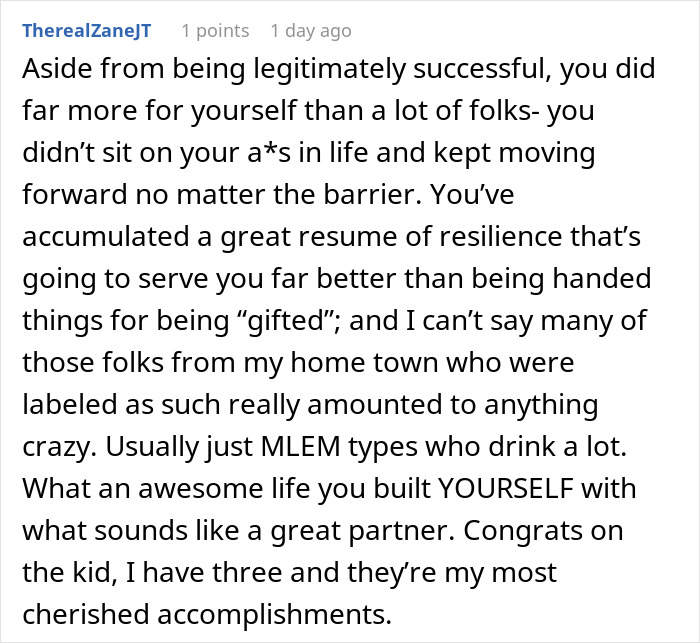 An insightful online comment praising personal resilience when parents dismiss son's achievements. An insightful online comment praising personal resilience when parents dismiss son's achievements.