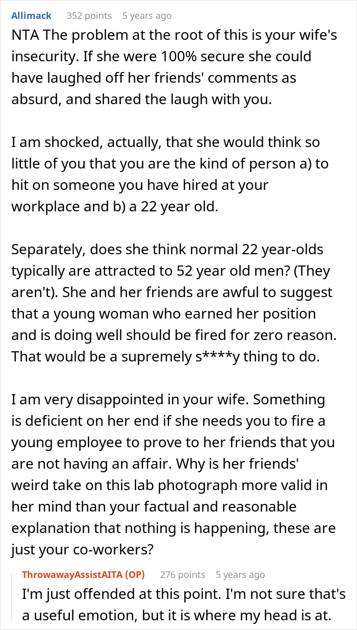 A screenshot of online comments explaining why the wife's request to fire assistant is unreasonable. A screenshot of online comments explaining why the wife's request to fire assistant is unreasonable.