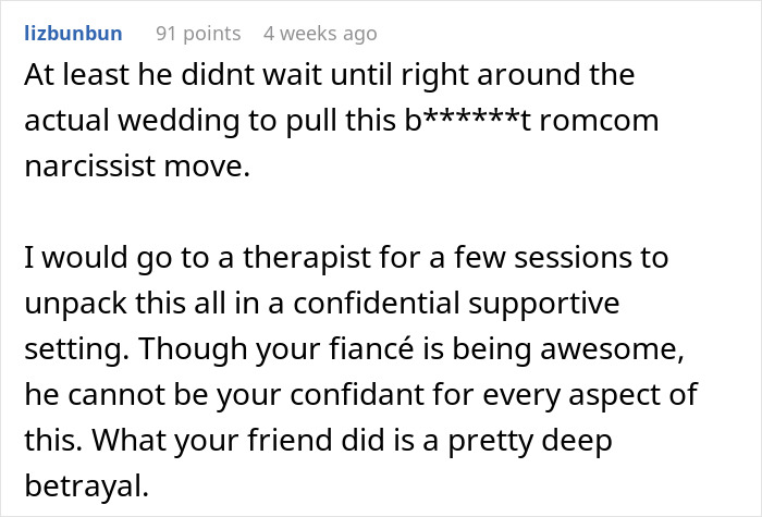 An online comment discussing a guy who waited 20 years to tell bestie he loves her, calling it a narcissist move An online comment discussing a guy who waited 20 years to tell bestie he loves her, calling it a narcissist move