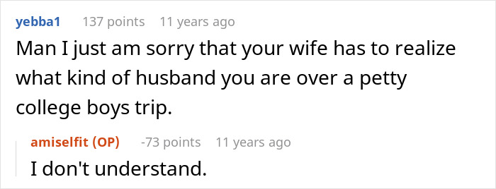 Online comment criticizing a husband for prioritizing an Australia trip over a SIL wedding. Online comment criticizing a husband for prioritizing an Australia trip over a SIL wedding.