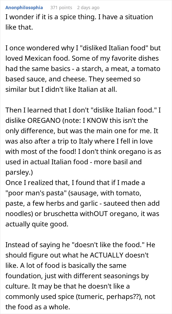 An online user discussing spices in relation to a man dislike for wife cultural cuisine. An online user discussing spices in relation to a man dislike for wife cultural cuisine.