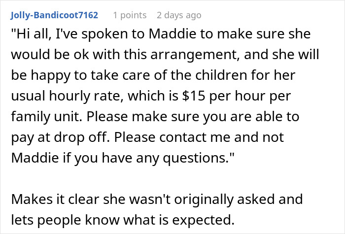 A suggested group message clarifying babysitting rates following an entitled aunt Halloween invite.