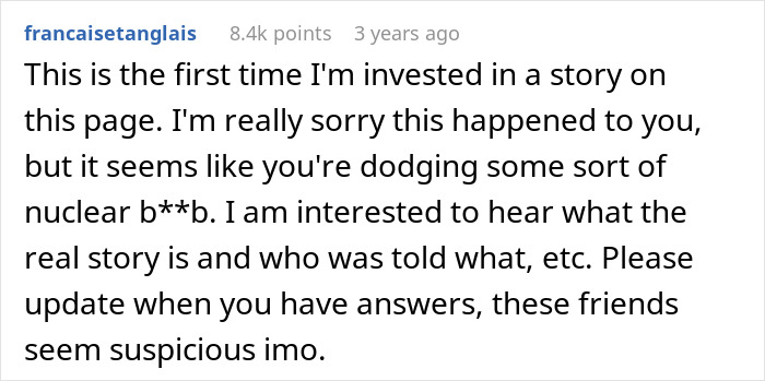 Online comment expressing support and interest in the story of a dream proposal turning into a nightmare.