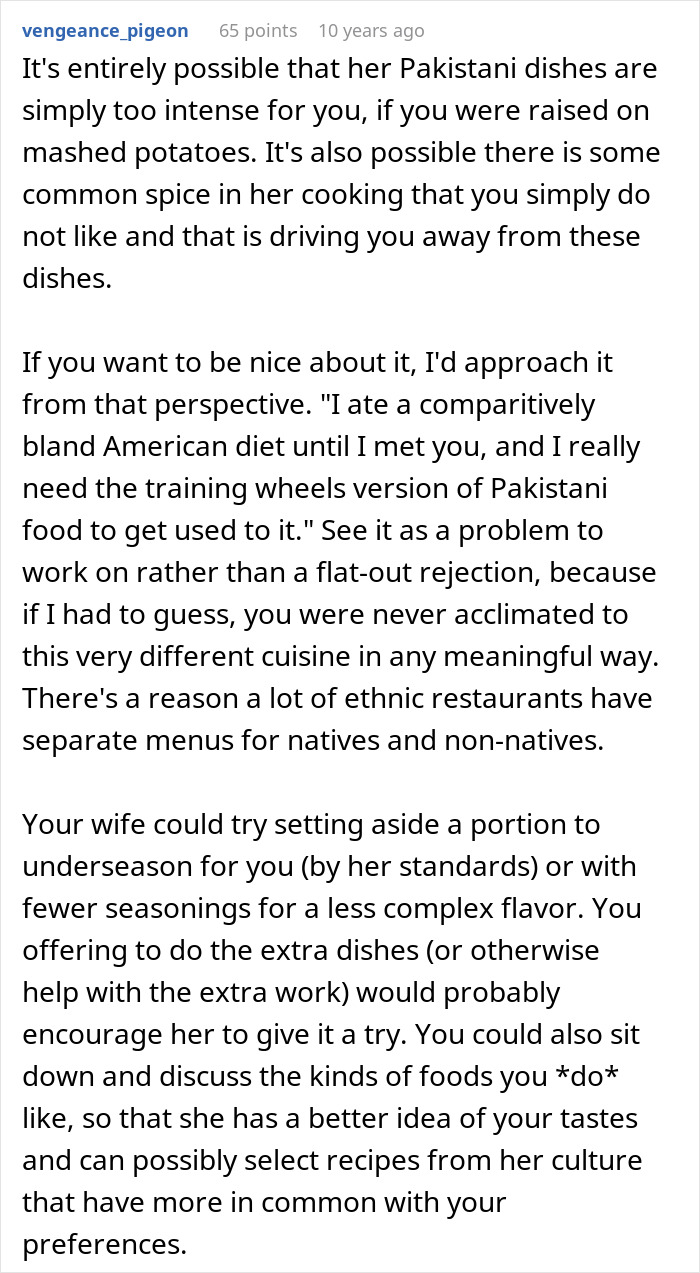 Online forum comment offering advice on how a man can address issues with his wife's cultural cuisine. Online forum comment offering advice on how a man can address issues with his wife's cultural cuisine.