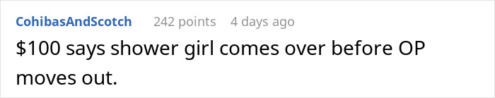 Comment predicting the shower girl returns. Related to unfamiliar shoes by her bed story. Comment predicting the shower girl returns. Related to unfamiliar shoes by her bed story.