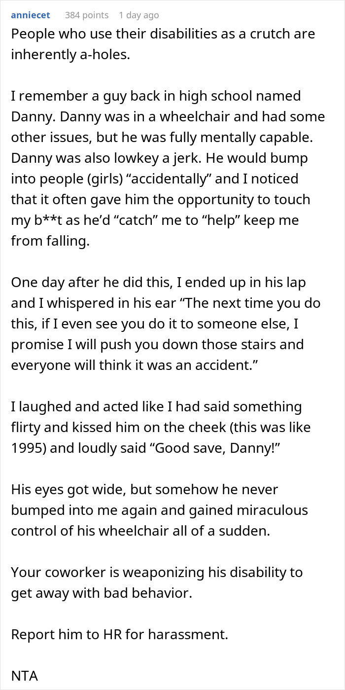 A online comment sharing a story about a guy using his disability to excuse bad behavior, relating to coworker insults.