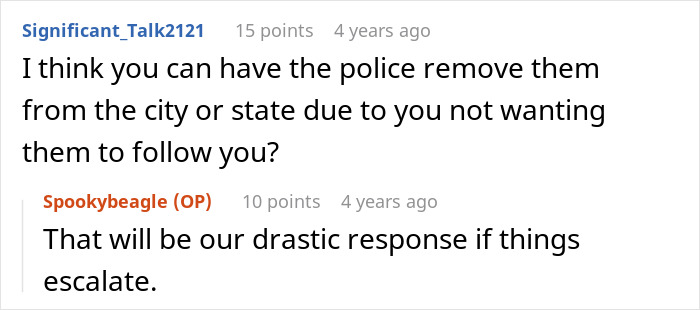 A comment suggestion to involve police as a drastic response when a woman sets a clear boundary. A comment suggestion to involve police as a drastic response when a woman sets a clear boundary.