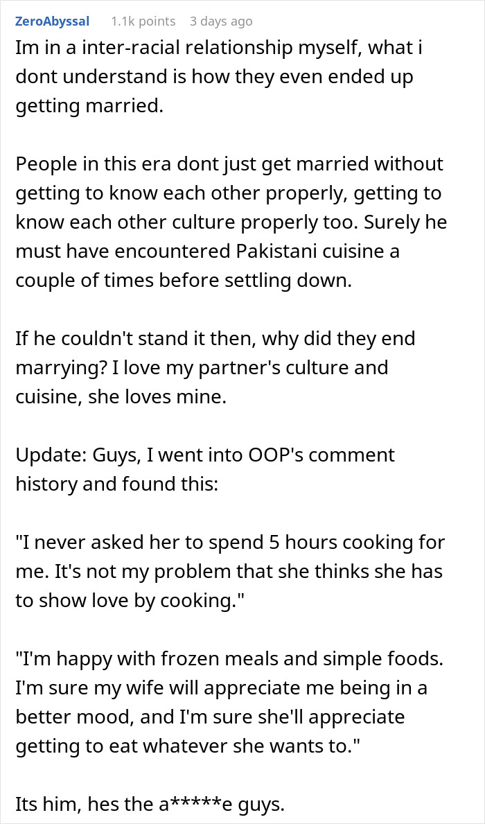 Reddit comment discussing a man's dislike for his wife's cultural cuisine and their relationship dynamic. Reddit comment discussing a man's dislike for his wife's cultural cuisine and their relationship dynamic.