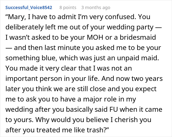 Bride Promised Her Friend The MOH Spot For 15 Years, Then Asked Her To Fetch Drinks At The Wedding Bride Promised Her Friend The MOH Spot For 15 Years, Then Asked Her To Fetch Drinks At The Wedding