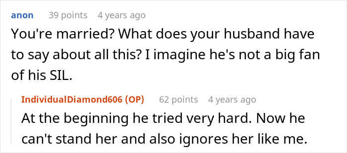 Comment about husband's opinion in ex and sister boundary story