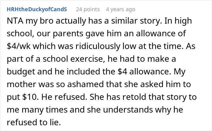 Reddit comment sharing a budget story in solidarity with a daughter who faced being dad-shamed over expenses. Reddit comment sharing a budget story in solidarity with a daughter who faced being dad-shamed over expenses.