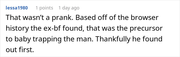User comment discussing browser history and a plan to trick BF into believing she is pregnant. User comment discussing browser history and a plan to trick BF into believing she is pregnant.