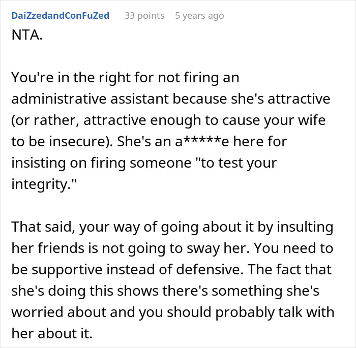 An online user suggesting the husband support his wife while keeping the 22YO assistant An online user suggesting the husband support his wife while keeping the 22YO assistant