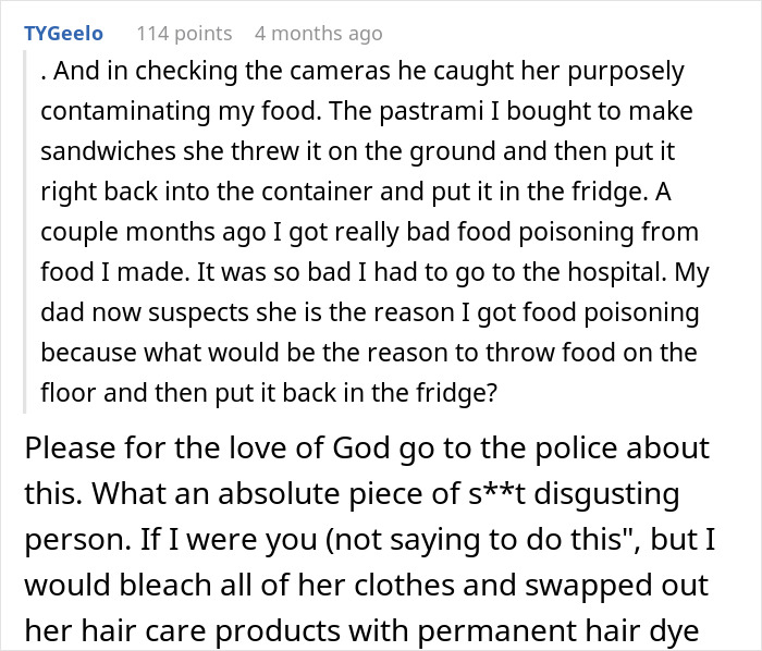 Screenshot of an online comment detailing food contamination after a woman gets caught throwing away her stepchild’s food.