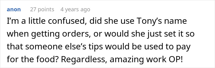 Online discussion about a coworker manipulating waiter tips to pay for food Online discussion about a coworker manipulating waiter tips to pay for food