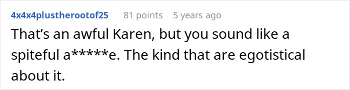 Comment accusing one party of being spiteful and egotistical Karen